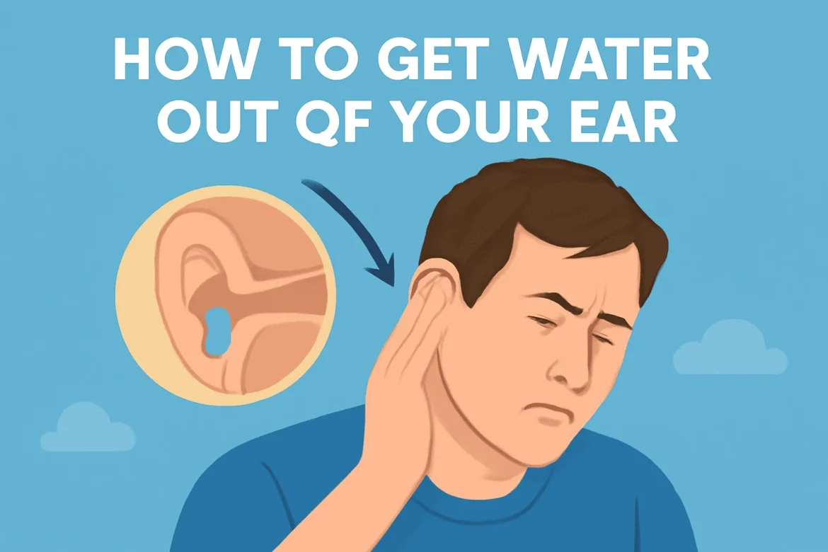 How to Get Water Out of Your Ear A digital illustration showing a man trying to get water out of his ear with an inset of water trapped inside the ear canal.